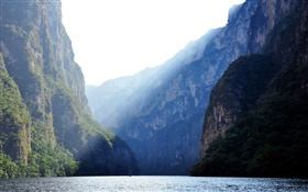Sumidero峽谷，墨西哥，河流，山脈，懸崖，太陽光線