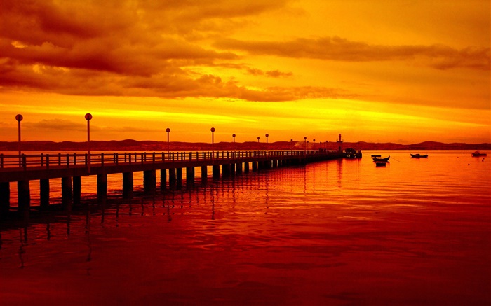 日落，碼頭，紅色風格，船，河 桌布 圖片