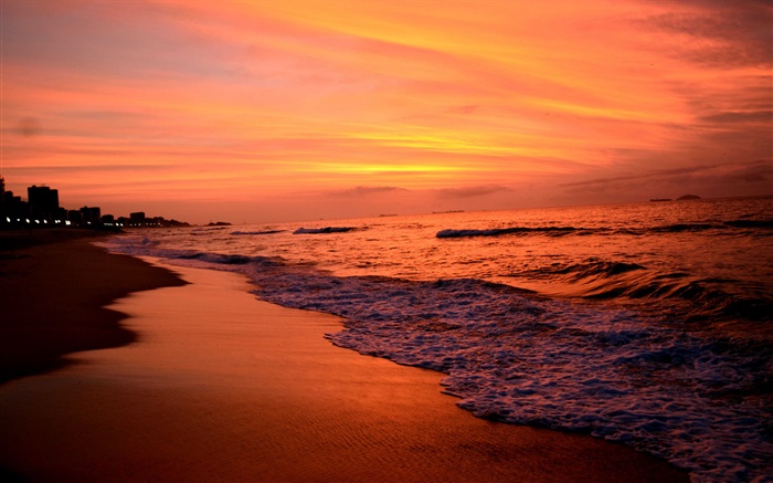 日落，海，黃昏，海浪，紅色的天空 桌布 圖片