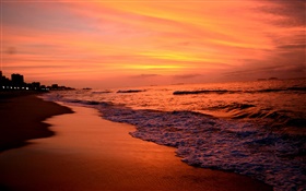 日落，海，黃昏，海浪，紅色的天空 高清桌布