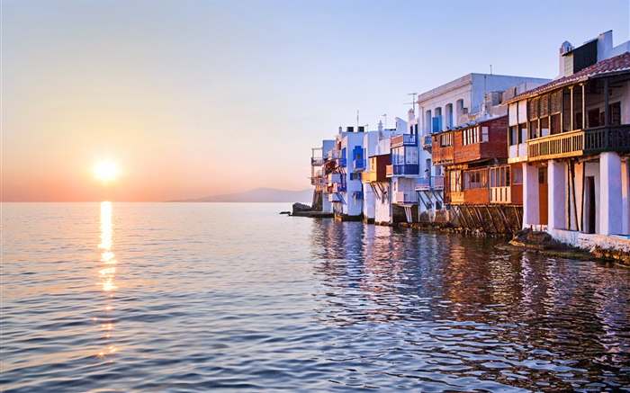 日落，海，房子，小威尼斯，米克諾斯，希臘 桌布 圖片
