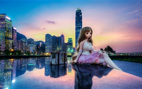 玩具，娃娃，美麗的女孩，城市，建築，香港