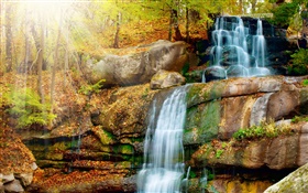 瀑布，石頭，秋季，樹木，太陽 高清桌布