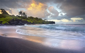 海浪拍擊，黑沙灘，夏威夷 高清桌布