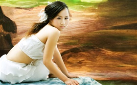 白色禮服的亞洲女孩，回望 高清桌布