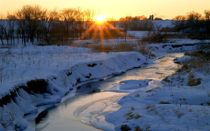 冬天，河，雪，樹木，黎明，日出 桌布 圖片
