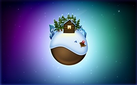 聖誕主題照片，地球，樹木，房子，雪，創意 高清桌布