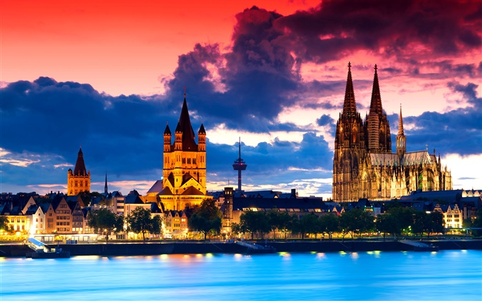 德國科隆大教堂，城市，晚上，河，雲 桌布 圖片