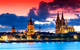 德國科隆大教堂，城市，晚上，河，雲