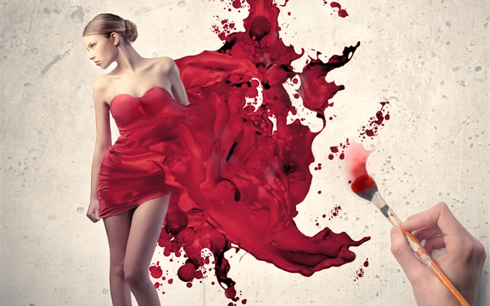 繪製女孩的紅色禮服，創意圖片 桌布 圖片