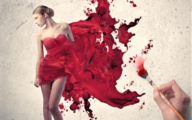 繪製女孩的紅色禮服，創意圖片 高清桌布