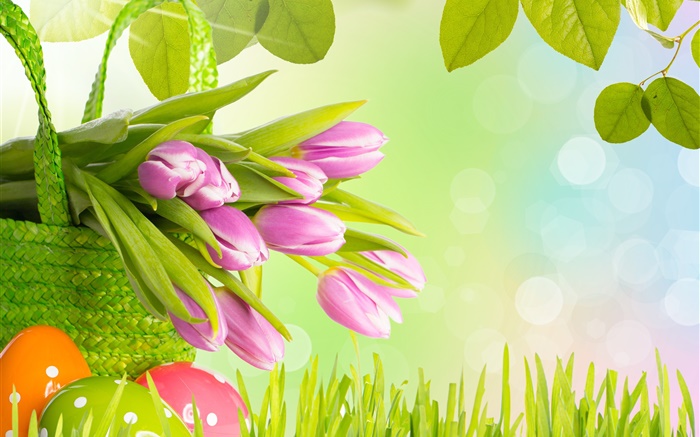 花，紫色的鬱金香，草，春天，雞蛋，復活節 桌布 圖片