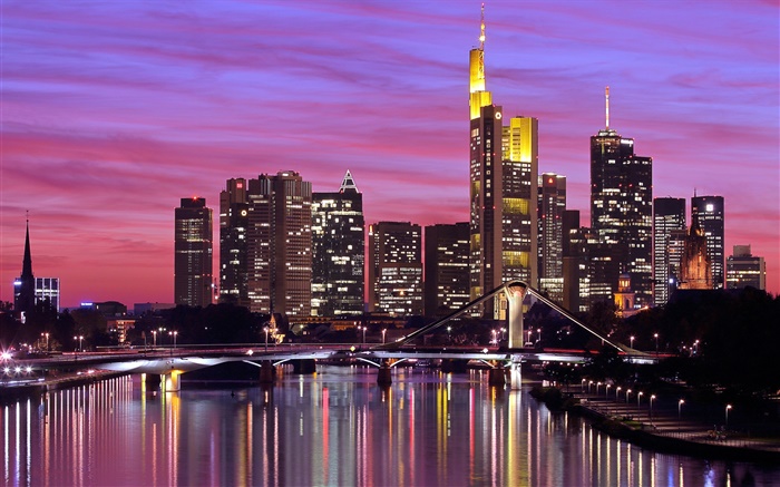 法蘭克福，德國，城市，河流，橋樑，路燈，摩天大樓 桌布 圖片