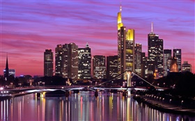 法蘭克福，德國，城市，河流，橋樑，路燈，摩天大樓