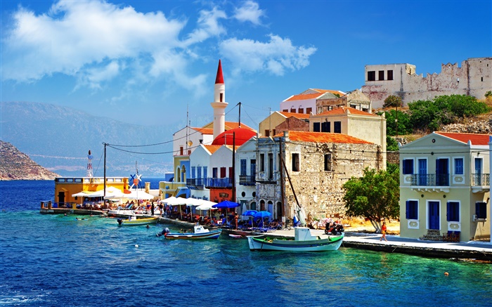 希臘，鎮，碼頭，船，房子 桌布 圖片