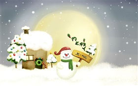 聖誕快樂，雪人，樹，月亮，房子，雪 高清桌布