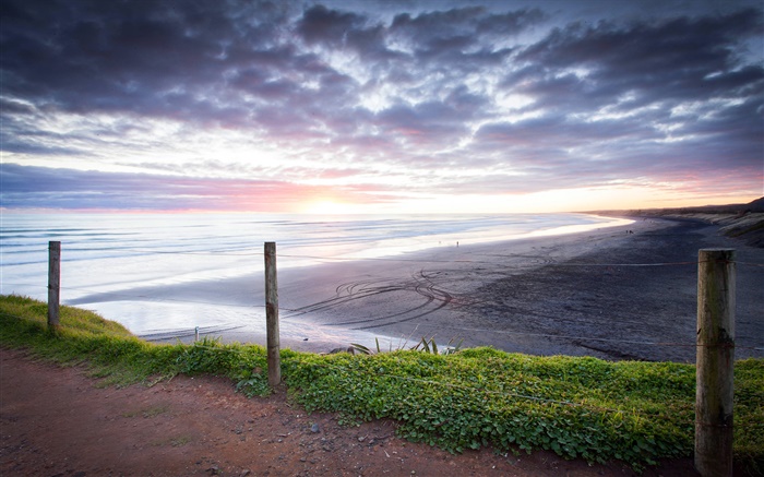 穆里懷海灘，日落，奧克蘭地區，新西蘭 桌布 圖片