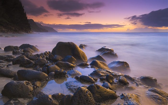 岩石，沙灘，大海，夕陽，夏威夷，美國 桌布 圖片