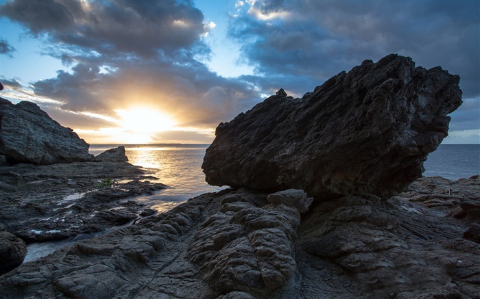岩石，海，夕陽，科羅曼德，新西蘭 桌布 圖片