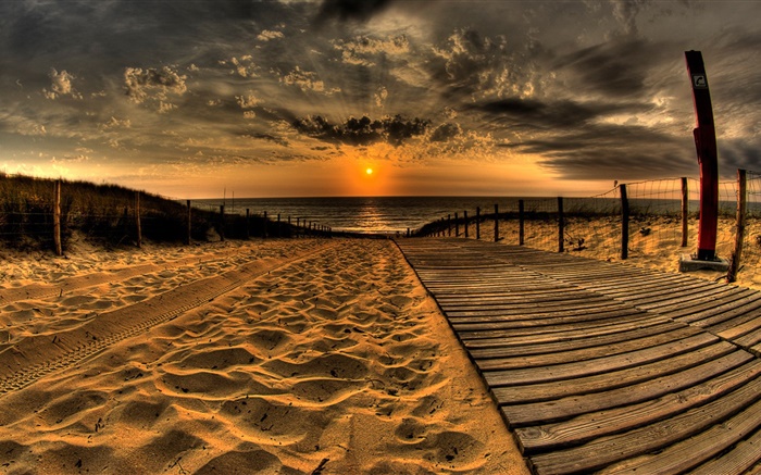沙，沙灘，碼頭，日落，雲海 桌布 圖片