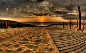 沙，沙灘，碼頭，日落，雲海 高清桌布