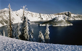 雪，火山湖，樹木 高清桌布