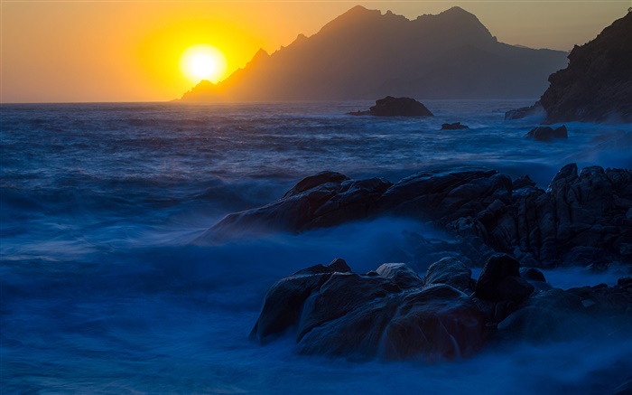 日落，海灣，波爾圖，科西嘉島，法國 桌布 圖片