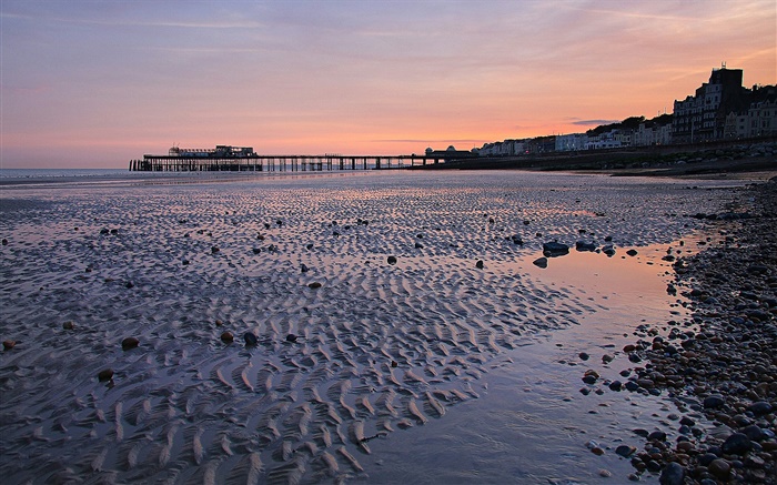 日落，碼頭，海灘，黃昏，黑斯廷斯，英格蘭 桌布 圖片