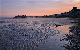 日落，碼頭，海灘，黃昏，黑斯廷斯，英格蘭 高清桌布