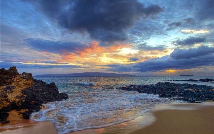 日落，海，海岸，海灘秘密，毛伊島，夏威夷，美國 桌布 圖片