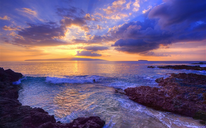 日落，海浪，沙灘秘密，毛伊島，夏威夷，美國 桌布 圖片