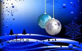 聖誕主題，矢量圖片，球，樹木，雪，藍色風格 高清桌布