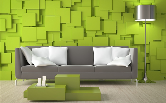 客廳，沙發，綠色的牆壁，燈具 桌布 圖片