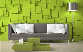 客廳，沙發，綠色的牆壁，燈具