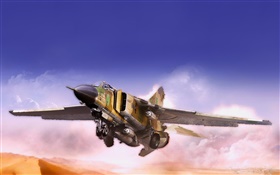 米格戰鬥機，飛行，沙漠，雲
