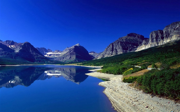 山，湖，坡，藍天，反射 桌布 圖片