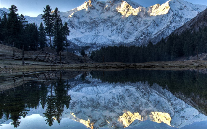 山脈，湖泊，樹木，水中的倒影，雪 桌布 圖片