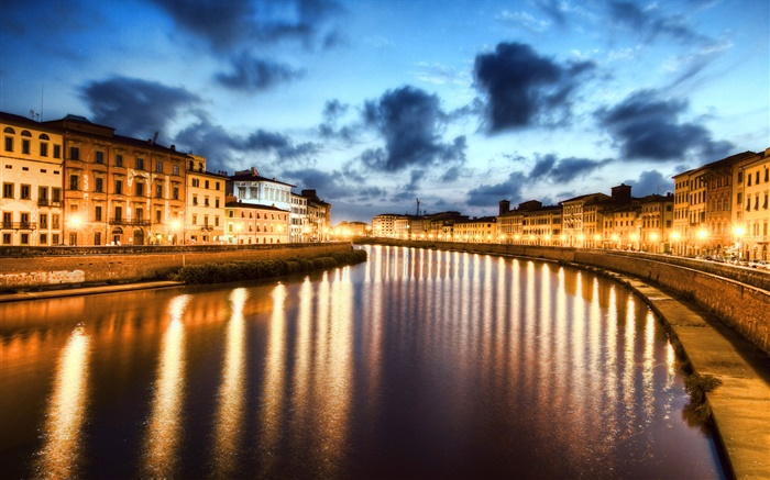 比薩，意大利，城市夜景，燈光，河 桌布 圖片