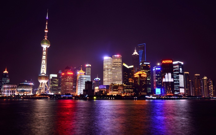 上海，中國，夜晚，城市，燈光，高樓林立，河流 桌布 圖片