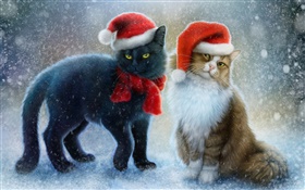 兩隻貓，雪，圍巾，聖誕帽 高清桌布