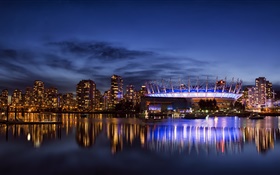 溫哥華，加拿大，城市，摩天大樓，建築物，燈，晚上，灣 高清桌布