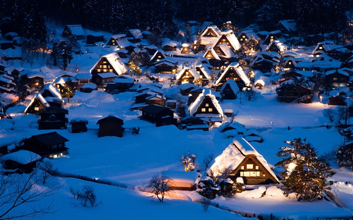 冬季，房子，厚厚的積雪，夜晚，鎮 桌布 圖片