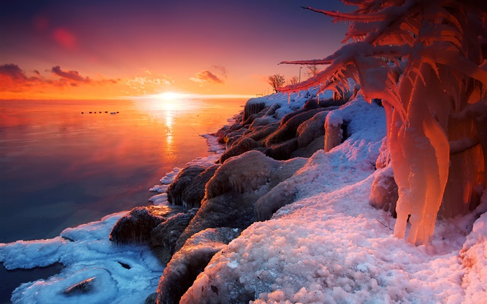冬季，日出，湖，冰，雪，美麗的風景 桌布 圖片