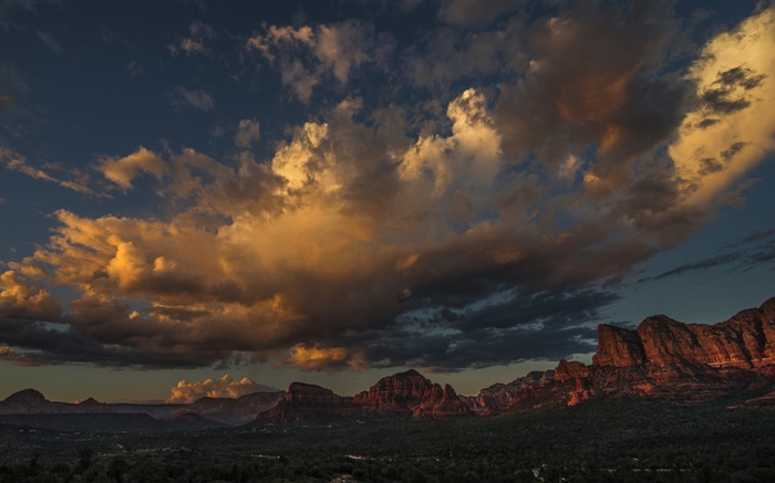 美國，猶他州，樹木，山，雲，黃昏，峽谷 桌布 圖片