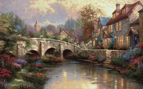 英格蘭威爾特郡區，鄉，村，房屋，橋樑，藝術畫 高清桌布