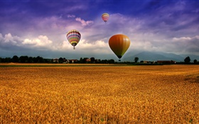 農場，場，熱氣球，天空，雲，房屋，村莊 高清桌布