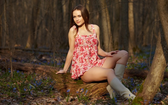女孩坐在森林，腿，紅裙子，姿勢 桌布 圖片