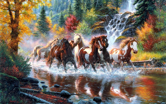 馬，河流，瀑布，森林，秋天，樹木，藝術畫 桌布 圖片