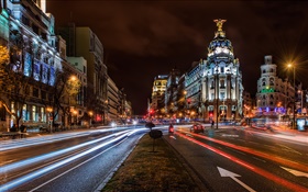 馬德里，西班牙，城市夜景，燈光，房屋，建築物，道路 高清桌布