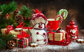 聖誕快樂，新年，裝飾，雪人，杯，糖果，禮品 高清桌布